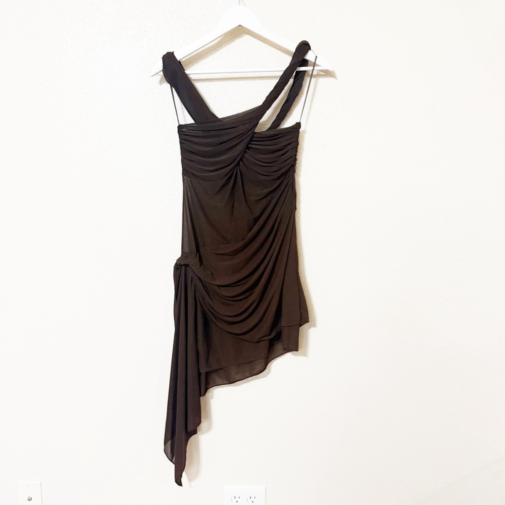Ronny Kobo Izel Dress in Desert Chocolate Brown Draped Mesh Twist Mini Revolve - Picture 7 of 13